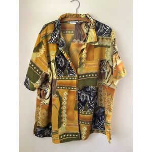 Kloz Studio Women's 3X Tiger Zebra Print Button Up Short Sleeve Shirt Retro Boho